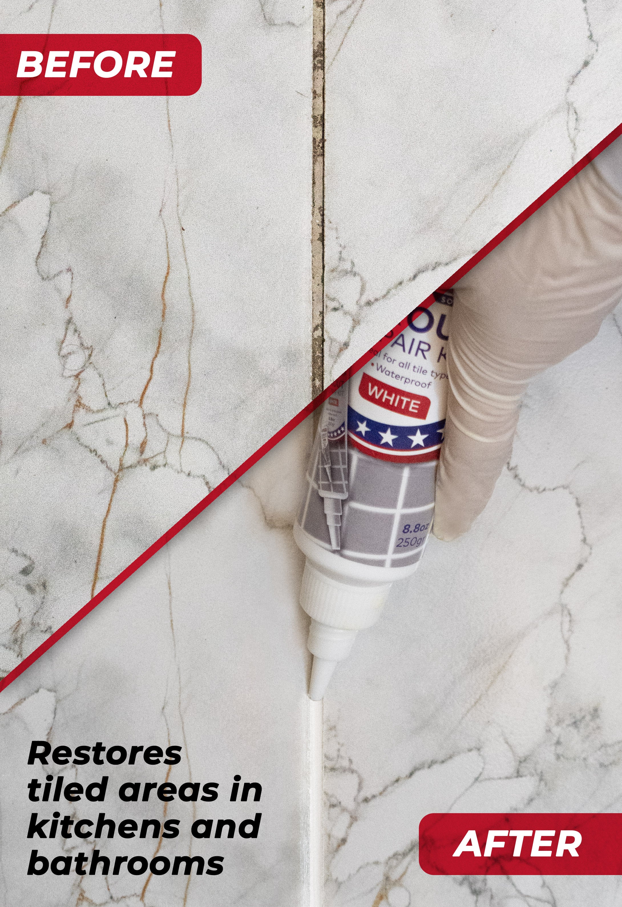 Tile Grout Repair, White 8.8 oz/250gr. Fast Drying Grout Repair Kit