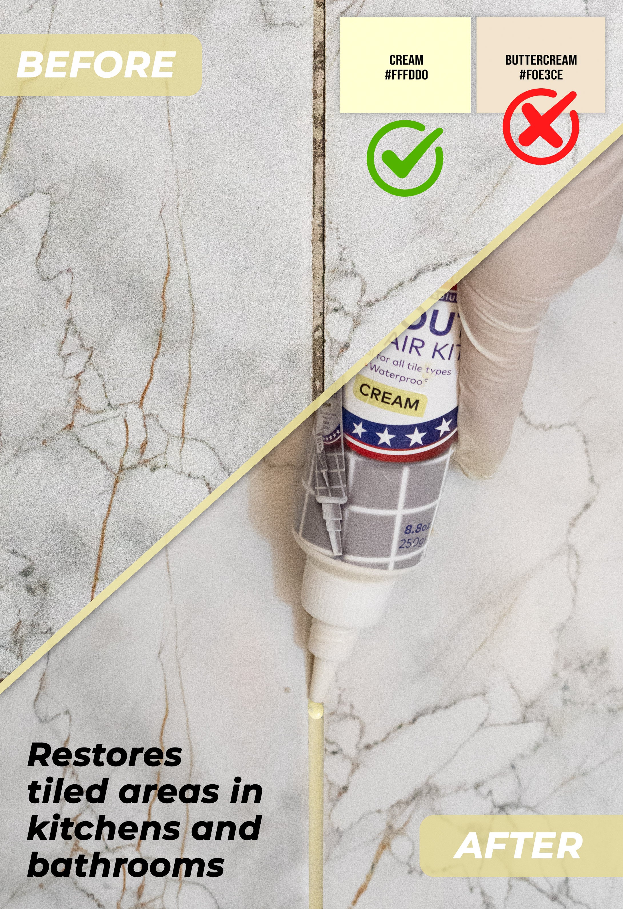 Tile Grout Repair, Cream 8.8 oz/250gr. Fast Drying Grout Repair Kit