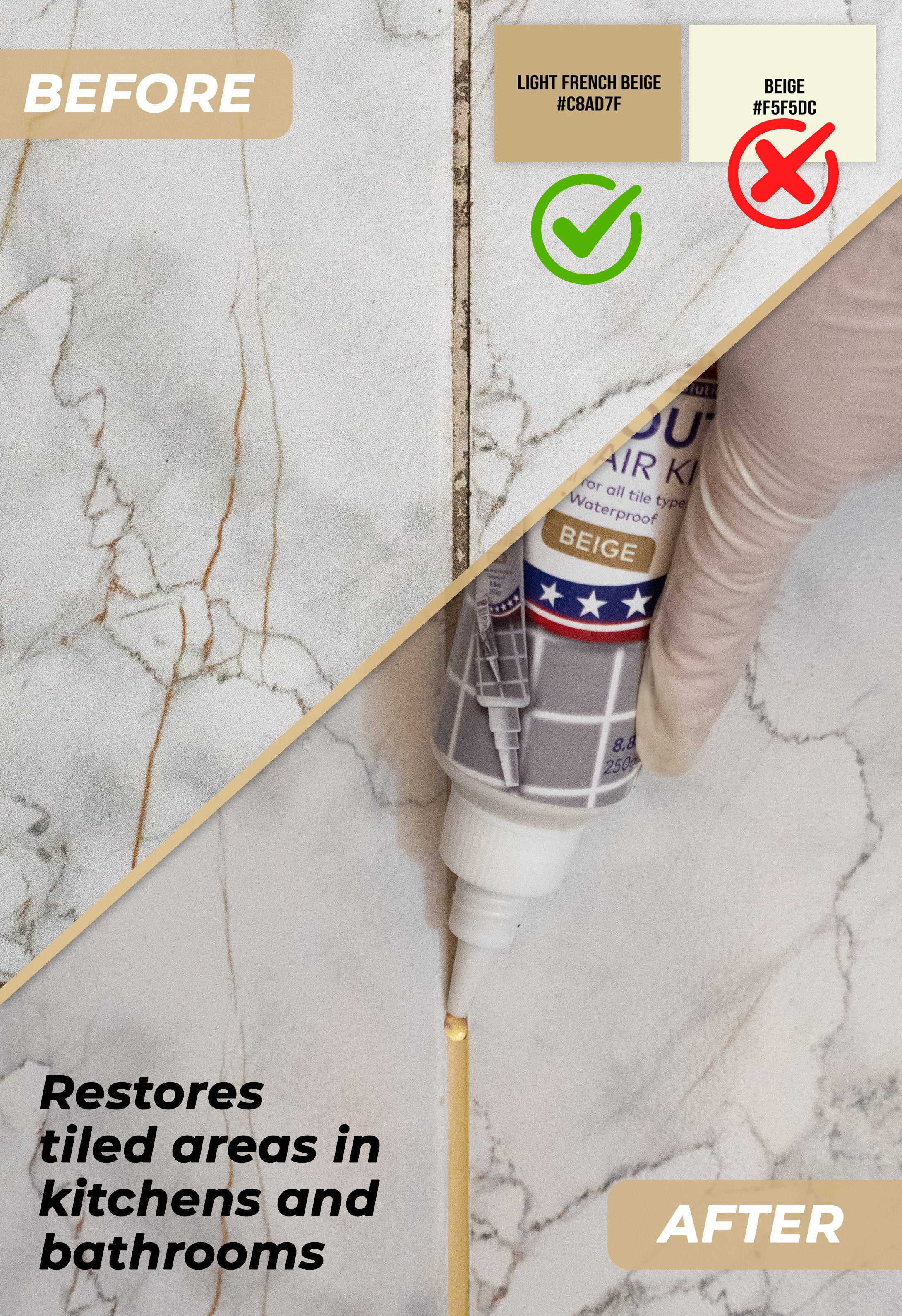 Tile Grout Repair Kit, Beige 8.8 oz/250gr. Fast Drying Grout Filler Tube Repair